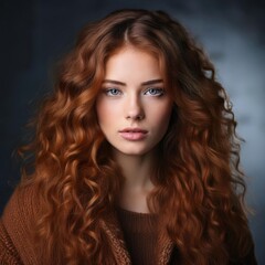 Naklejka premium 長い波打つ髪を持つ女性のデジタルポートレート。彼女の表情は穏やかで、視線は印象的です。衣装とヘアスタイルの細部は、洗練された優雅さを反映しています。画像の雰囲気はクラシックなエレガンスとおとぎ話のような美しさを呼び起こし、自然な色合いが被写体の魅力を引き立てています。