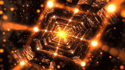 Abstract orange glowing tunnel with hexagonal light pattern and bokeh effect.