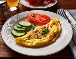 A fluffy cheese omelet garnished with herbs is served alongside fresh sliced tomatoes and cucumbers on a white plate.