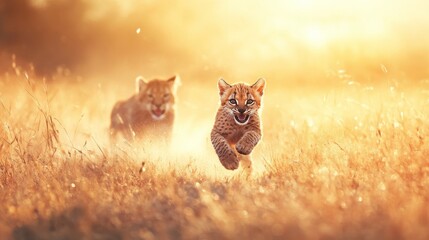 Cubs Running Through Tall Grass at Sunset