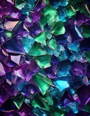 エメラルドグリーンから深い紫、コバルトブルーまでの色彩が広がるカラフルなガラス片のきらめくモザイク。反射と多面体が光の効果を生み出し、優雅さ、神秘、驚きの感覚を呼び起こします。

