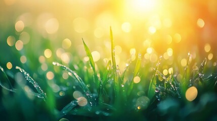 Obraz premium Dewdrops glistening on vibrant green grass bathed in sunlight