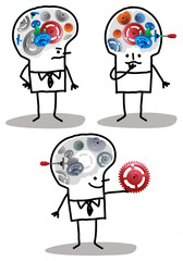 Set of 3 illustrations - Cartoon hand drawn stick characters with big brain - photographic collage - Gear and working concepts