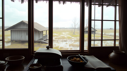 Wetland view from farmhouse window, philology books open, teppanyaki inspires new story , 8k...