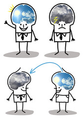 Set of 3 illustrations - Cartoon hand drawn stick characters with big brain - photographic collage - Optimistic and depressive concepts