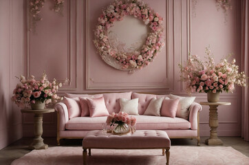 Luxurious Blush Pink Interior with Floral Elegance