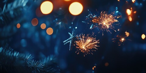 Fototapeta premium A festive scene featuring fireworks over a Christmas tree at night, highlighting the celebratory atmosphere of the holiday season.