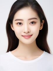 Fototapeta premium Woman with long black hair and a white shirt. She has a smile on her face. The image is of a woman with a beautiful face