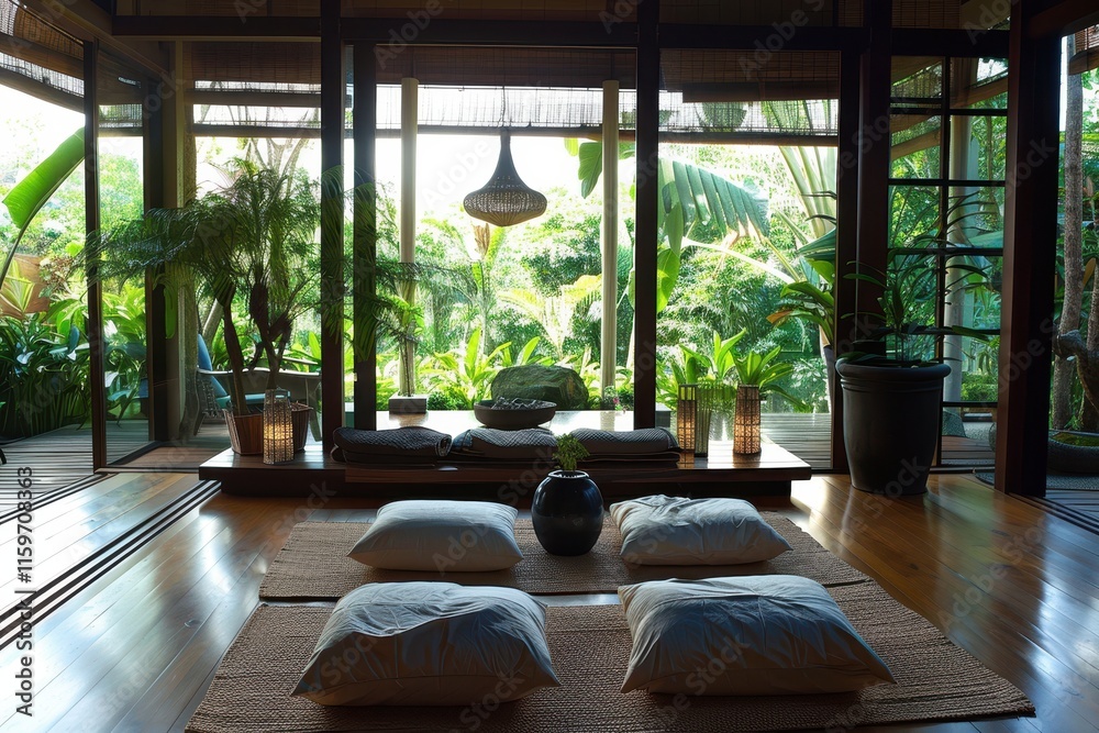 Poster relaxing indoor space with a serene view of lush greenery in a tropical setting, ideal for meditatio