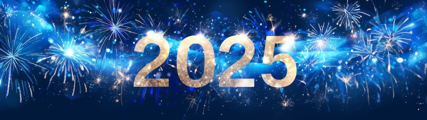 Vibrant "2025" New Year's Banner with Bold Glowing Numbers and Fireworks, Set Against Dark Blue Background