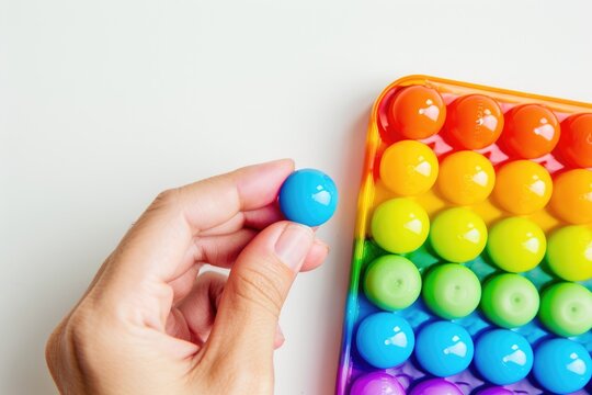 A handful of popit candy beads in a rainbow of colors.