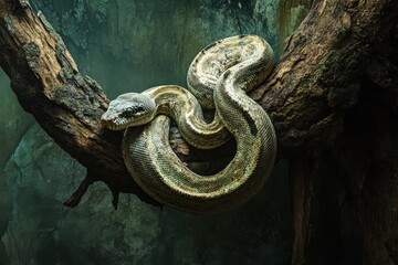 Python on branch in jungle with dramatic lighting and texture