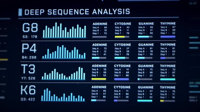 DNA Helix analysis visualization data, genome sequence ui screen, futuristic genetic engineering lab infographic interface, 3D biotechnology scan report dashboard, medical science technology backgound
