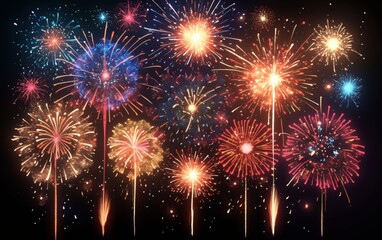 Naklejka premium Vibrant New Year's Eve Fireworks Display Lighting Up the Night Sky in Stunning Detail, Isolated on Black Background, Hyper-Realistic and Colorful Celebration of the New Year.