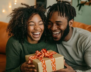 A Black woman is giving her husband a gift box she's holding on the sofa at home. She laughs joyfully as he excitedly opens it up,