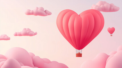 Heart shaped hot air balloon is flying through the sky above a pink cloud