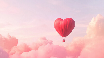Fototapeta premium Heart shaped hot air balloon is flying through the sky above a pink cloud