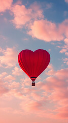 Fototapeta premium Heart shaped hot air balloon is flying through the sky above a pink cloud