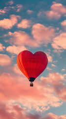 Fototapeta premium Heart shaped hot air balloon is flying through the sky above a pink cloud