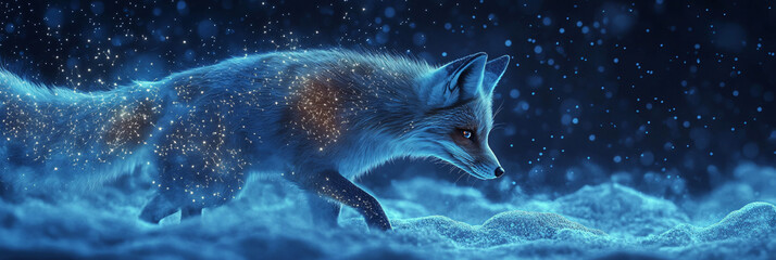 A celestial fox with stars embedded in its fur, playfully running through the night sky, symbolizing mystery and cosmic connection.  