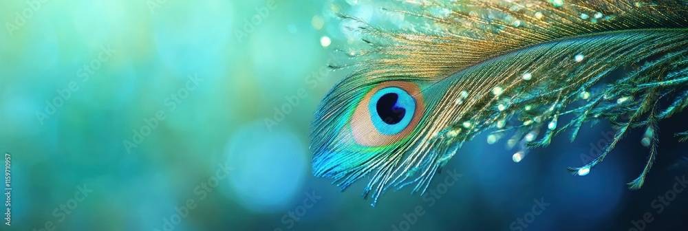 Fototapete close up view of a vibrant peacock feather showcasing intricate textures and vibrant colors set agai