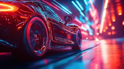 Fototapeta premium Car driving on a futuristic road with augmented reality navigation data projected in mid-air, glowing neon streetlights, sleek modern vehicle, sharp high-tech vibe