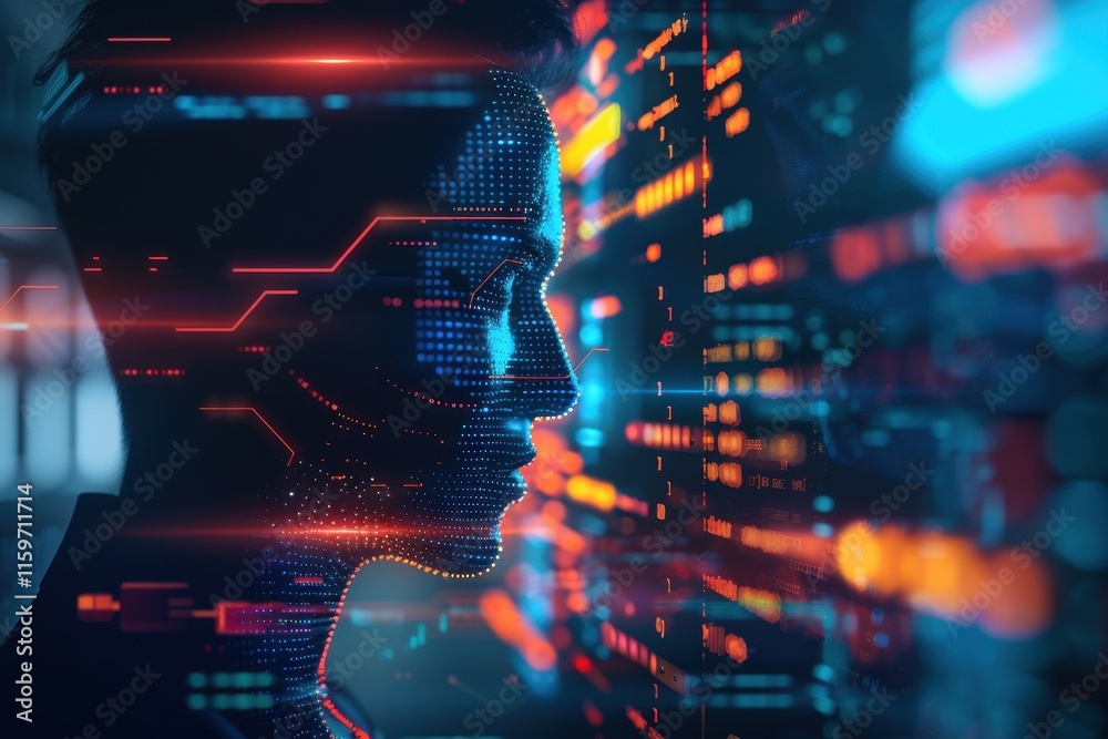 Poster Silhouette of a woman with glasses in front of glowing digital data at night exploring technology and programming concepts