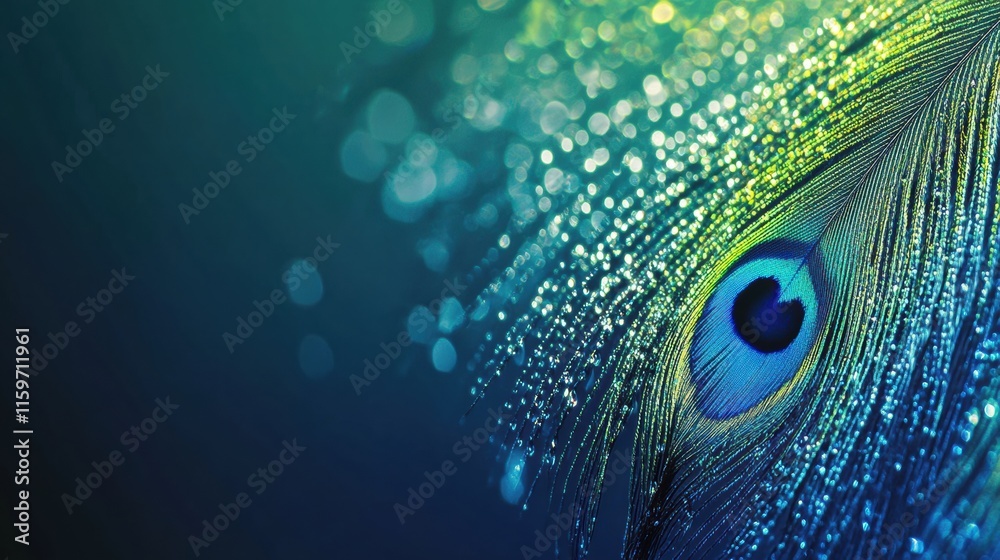 Fototapete Close up view of a peacock feather adorned with dew drops on a vibrant background for creative highlight and text placement. Generative AI