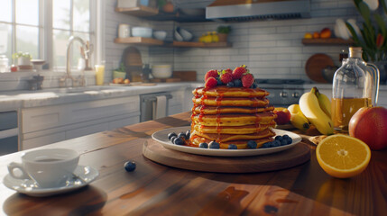 Fluffy pancakes with blueberries and syrup are displayed beautifully on a wooden table in a kitchen. Fat Tuesday, National Pancake Day
