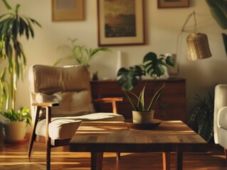 Fototapeta premium Sunlit living room with couch, chair, coffee table and indoor plants.