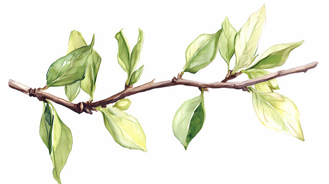 Watercolor illustration of a willow twig with leaves isolated hand drawn design ideal for cards logos decorations invitations and cosmetic applications. Willow. Illustration