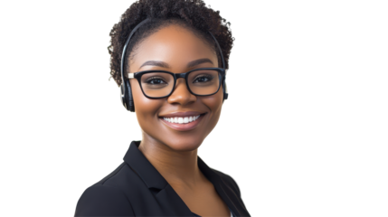 Professional woman with curly hair and headset smiling against a transparent background