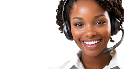 Professional woman with curly hair and headset smiling against a transparent background