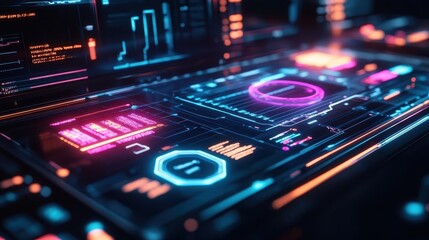 Obraz premium E-learning on a tablet with floating holographic study modules, sleek modern desk setup, glowing neon accents, sharp futuristic focus on digital education