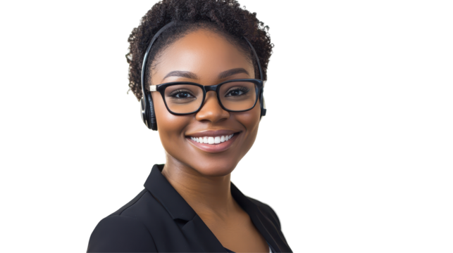 Professional woman with curly hair and headset smiling against a transparent background