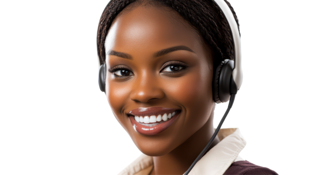 Professional woman with curly hair and headset smiling against a transparent background