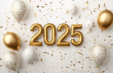 Golden "2025" numbers in the center, surrounded by colorful balloons and confetti, creating a festive atmosphere for New Year's Day celebration.