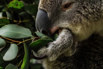 Fototapeta premium Detailed DSLR macro shot of a koalas mealtime behavior