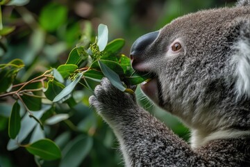 Detailed DSLR macro shot of a koalas mealtime behavior