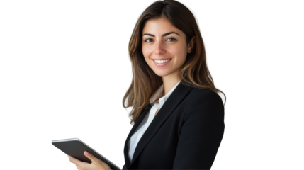 Young professional woman smiling while holding a tablet against a transparent background, showcasing a confident and friendly demeanor