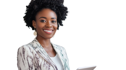 Young professional woman smiling while holding a tablet against a transparent background, showcasing a confident and friendly demeanor
