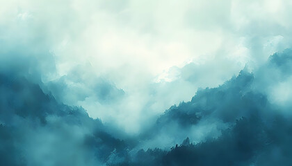Enchanting misty mountain landscape; serene teal hues; ethereal atmosphere; perfect for meditation, calmness, and tranquility.