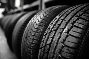 Rubber tires stored in a dark, industrial warehouse. The texture and appearance of the tires are visibly wet.