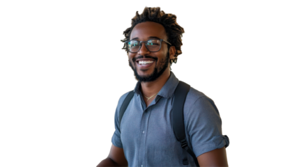 Smiling man with glasses and curly hair wearing a casual shirt and backpack, standing against a transparent background in a relaxed pose