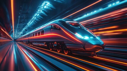 Fototapeta premium High-speed train in motion with augmented reality speed and route data projected in mid-air, sleek futuristic train design, glowing neon lights, sharp high-tech travel vibe