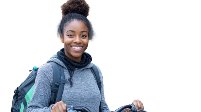 Smiling man with glasses and curly hair wearing a casual shirt and backpack, standing against a transparent background in a relaxed pose