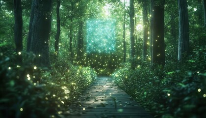 Obraz premium Lush green forest with digital holographic nature trail guide floating, soft glowing light filtering through trees, sharp contrast between nature and technology