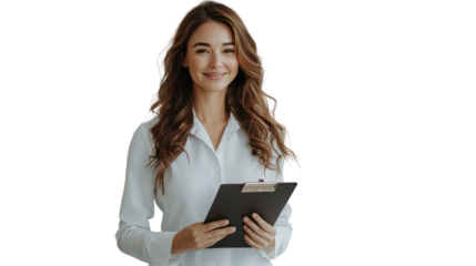 Professional woman in a lab coat holding a clipboard and smiling, standing against a transparent background in a clinical setting