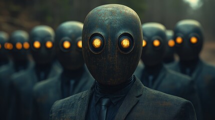 A group of people are wearing suits and masks