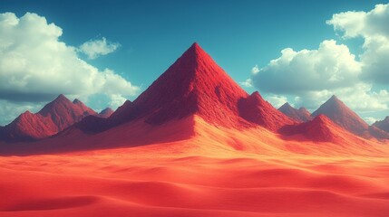 A mountain range with a red peak and a red desert in the background